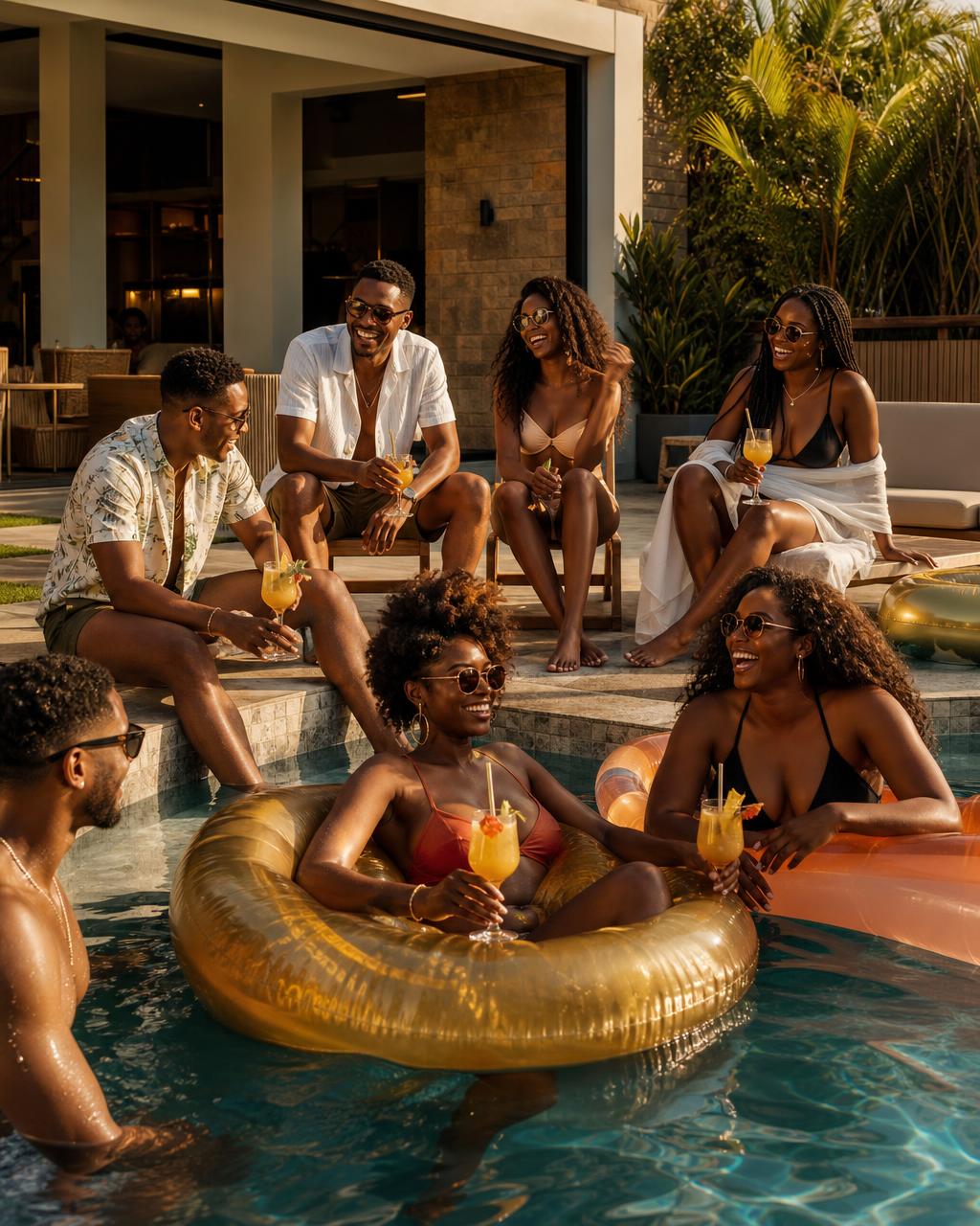 Friends laughing, music, floats and drinks.