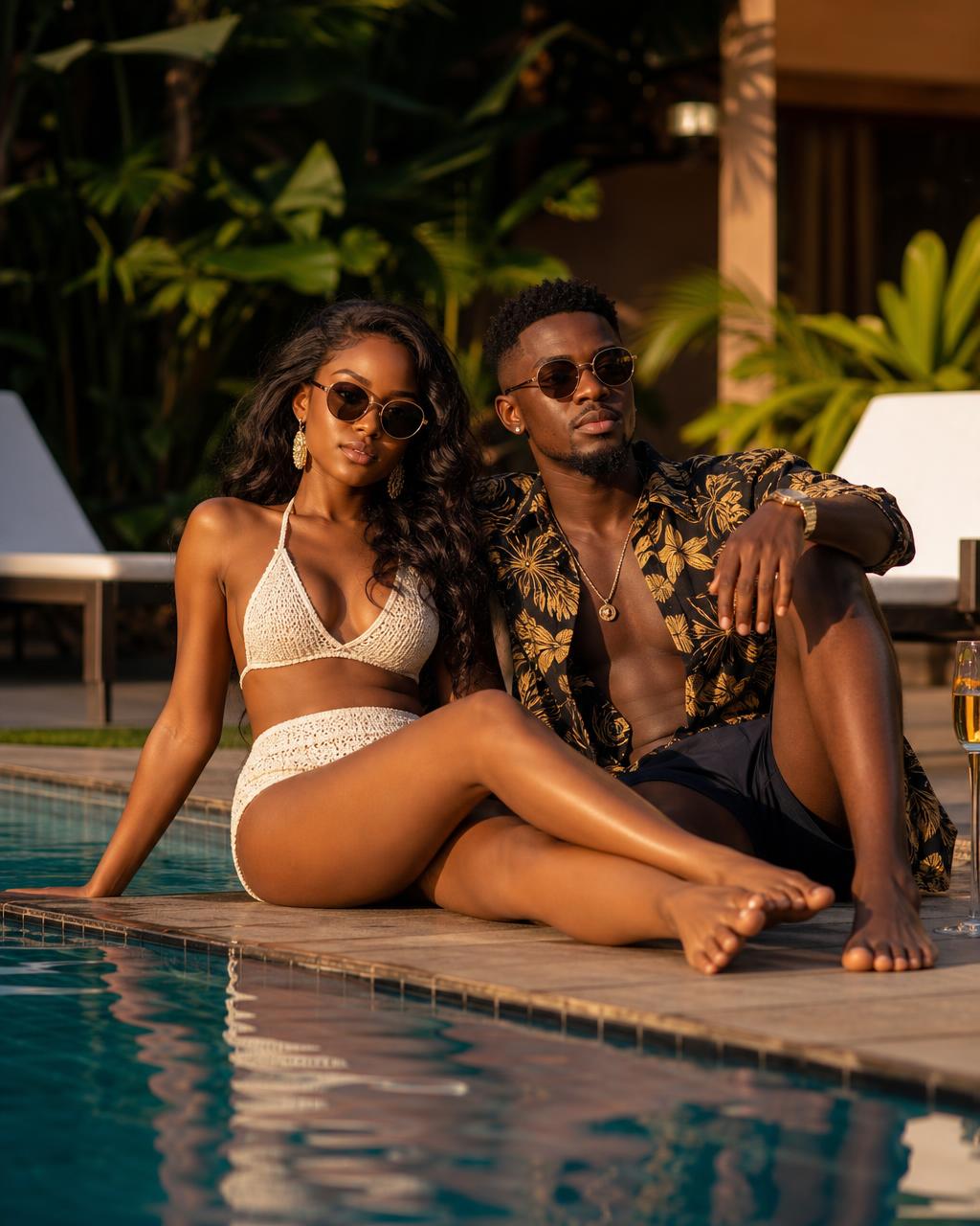 A couple relaxing beside a quiet pool.