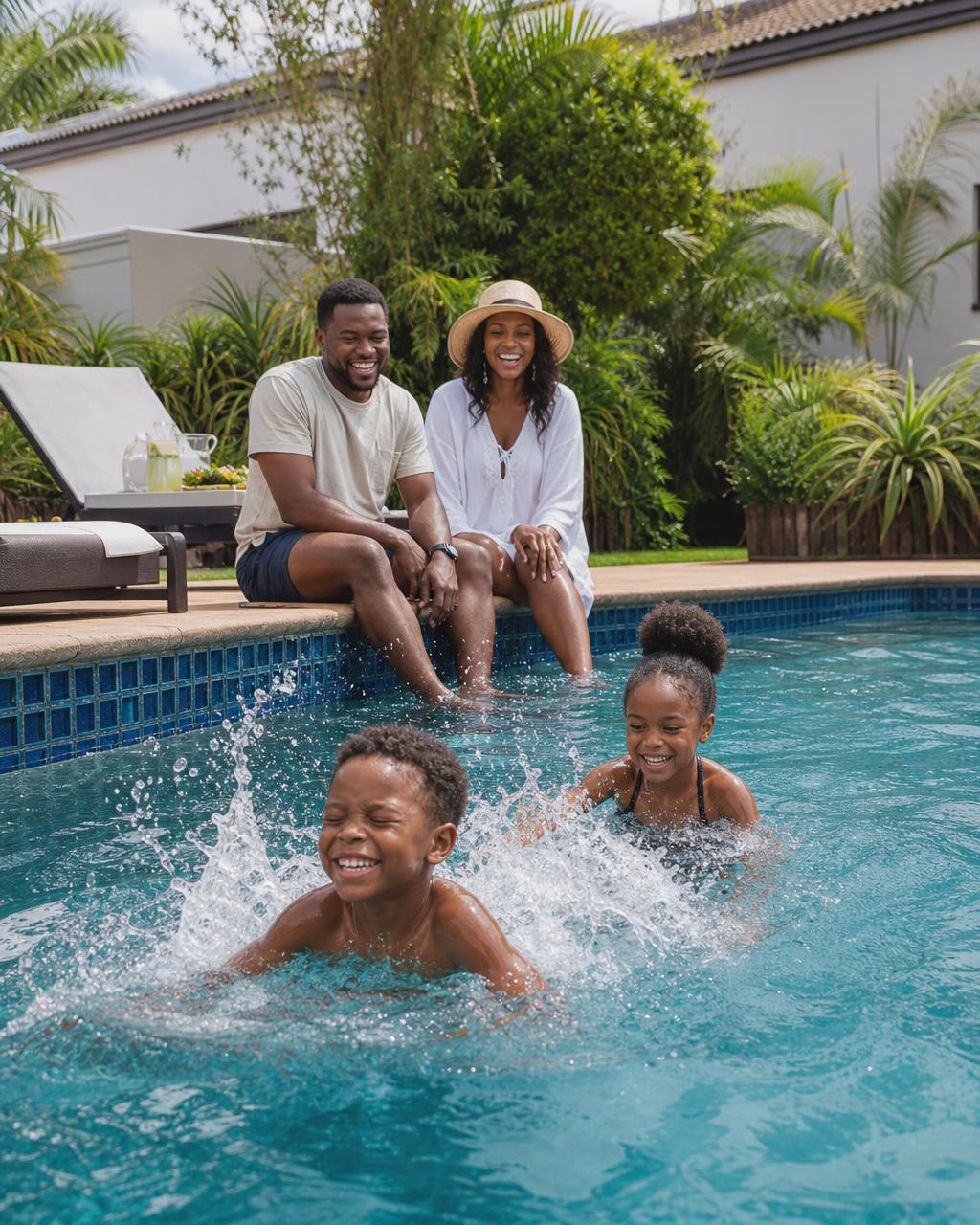 Parents and children enjoying a beautiful private pool.