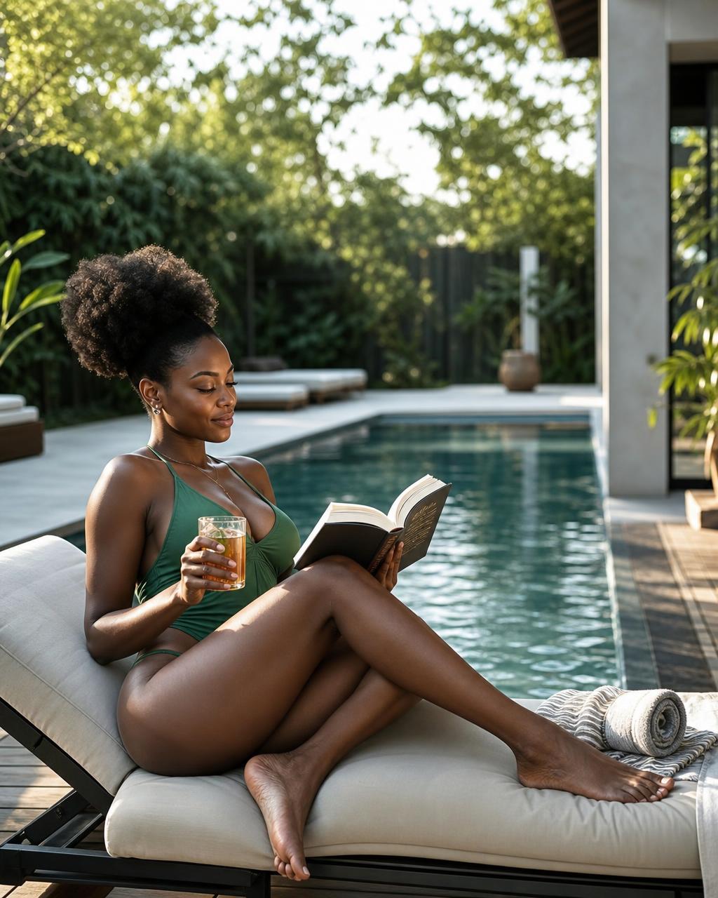A peaceful luxury pool surrounded by greenery.