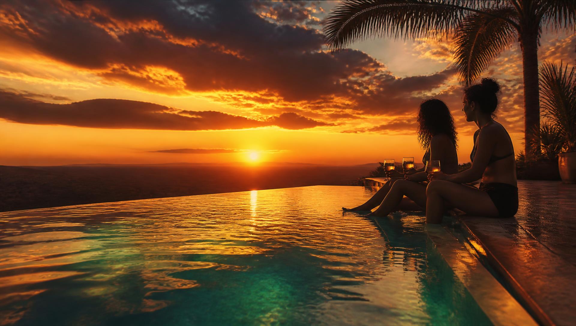 Friends around a private pool at sunset
